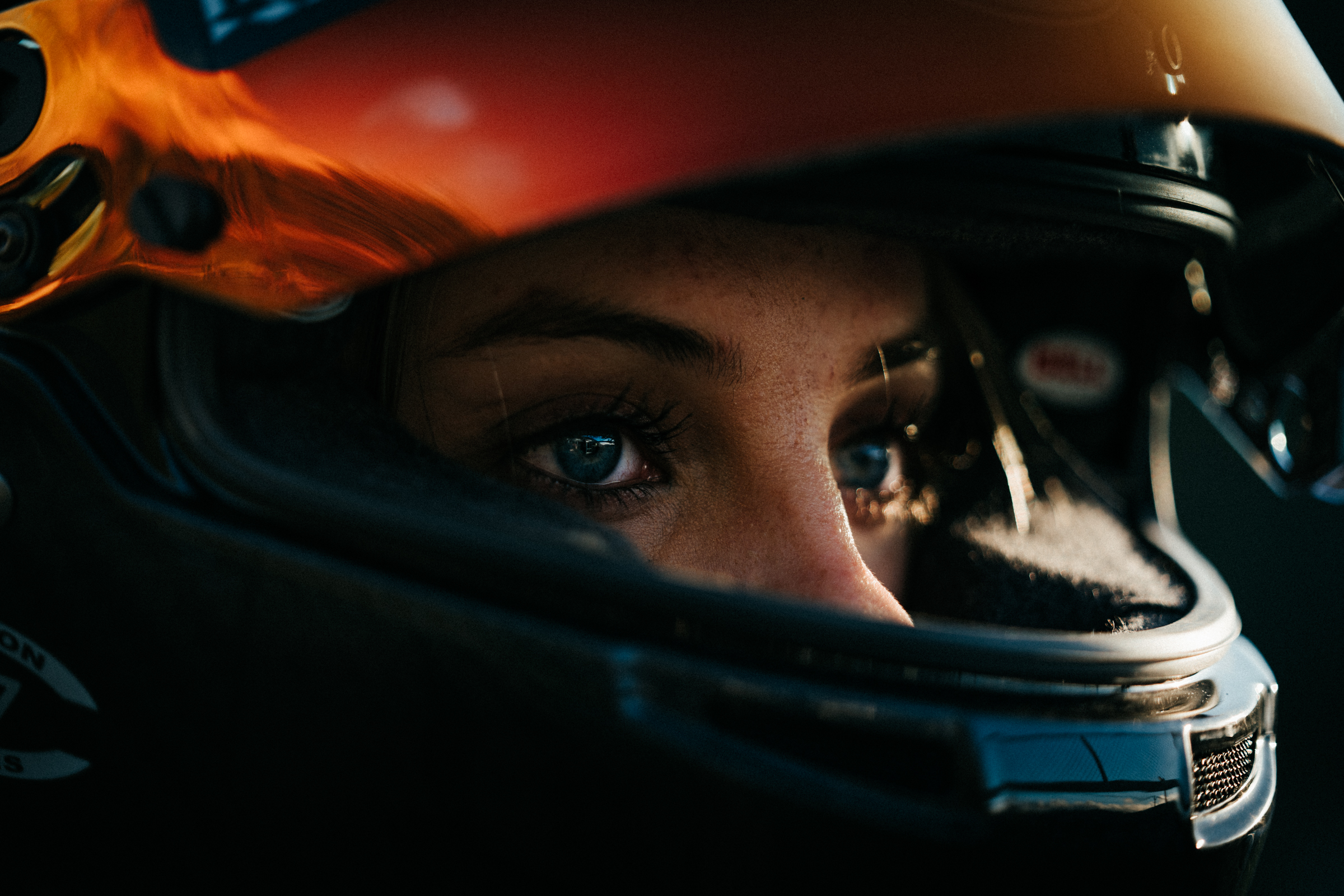 Helmet on, eyes forward — visor close-up